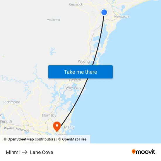 Minmi to Lane Cove map