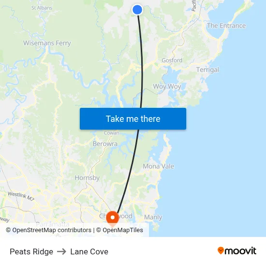 Peats Ridge to Lane Cove map