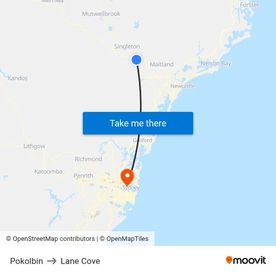 Pokolbin to Lane Cove map