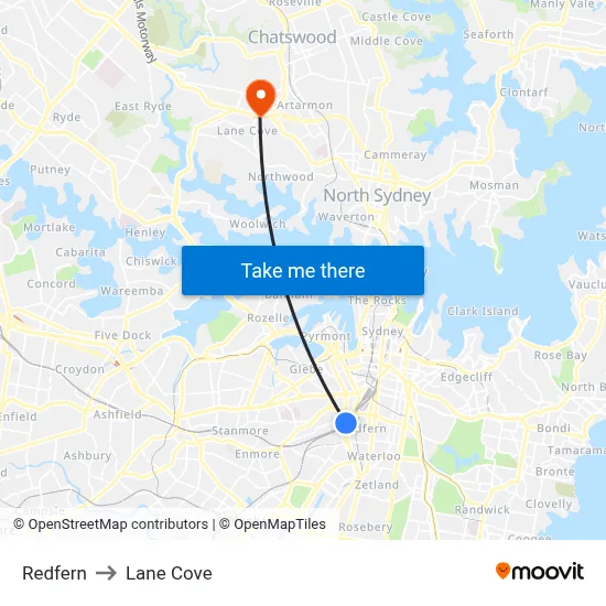 Redfern to Lane Cove map
