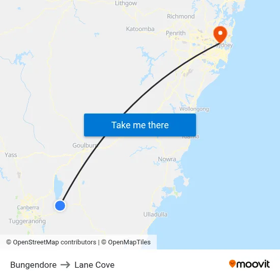 Bungendore to Lane Cove map