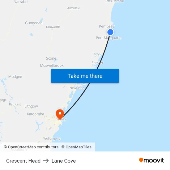 Crescent Head to Lane Cove map