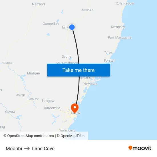 Moonbi to Lane Cove map