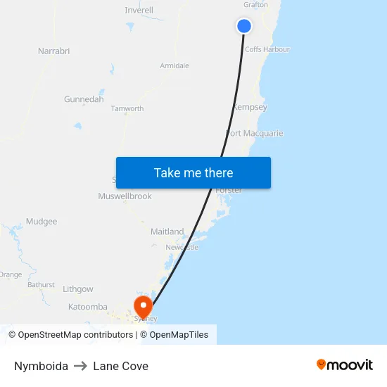 Nymboida to Lane Cove map