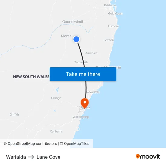 Warialda to Lane Cove map
