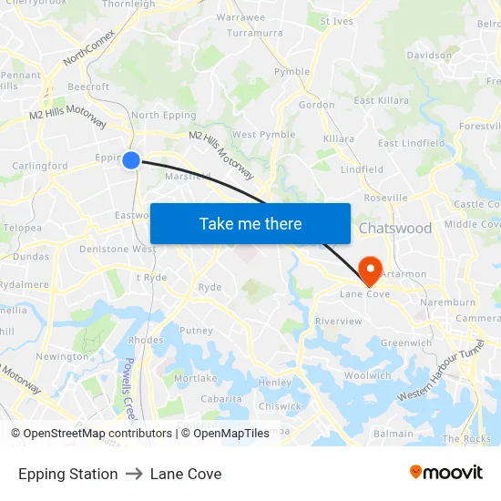 Epping Station to Lane Cove map