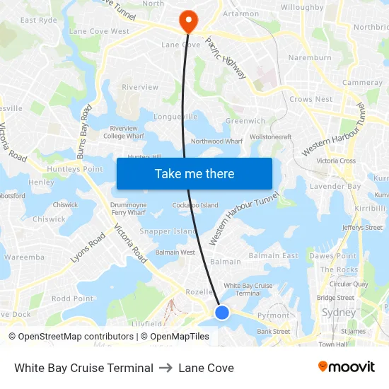 White Bay Cruise Terminal to Lane Cove map