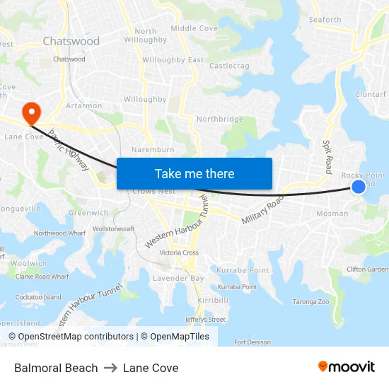 Balmoral Beach to Lane Cove map
