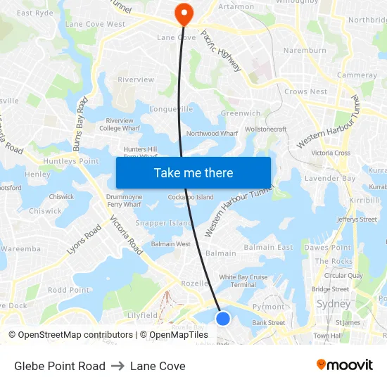 Glebe Point Road to Lane Cove map