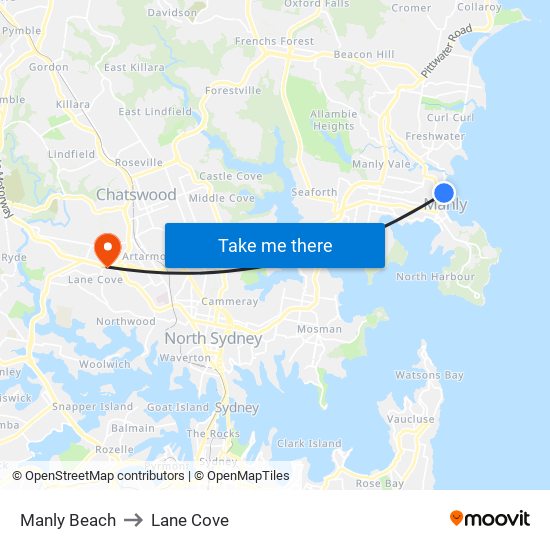 Manly Beach to Lane Cove map