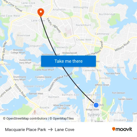 Macquarie Place Park to Lane Cove map