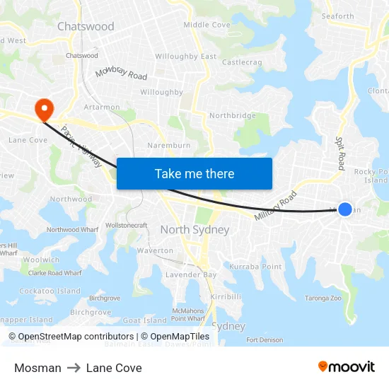Mosman to Lane Cove map