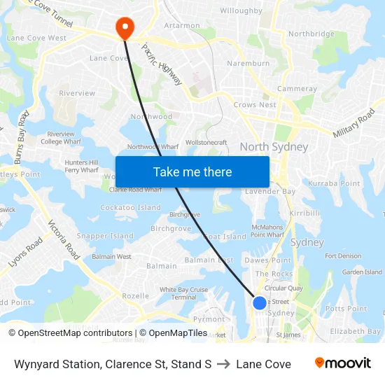 Wynyard Station, Clarence St, Stand S to Lane Cove map