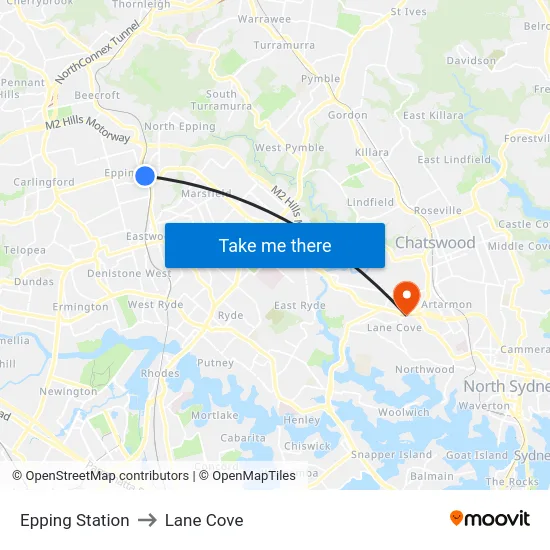 Epping Station to Lane Cove map