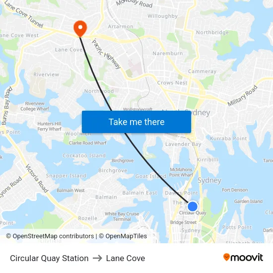 Circular Quay Station to Lane Cove map