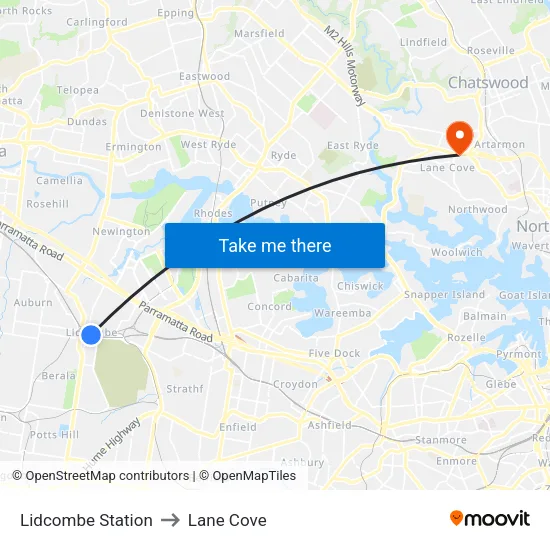 Lidcombe Station to Lane Cove map