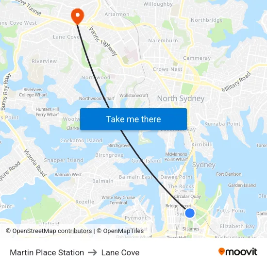 Martin Place Station to Lane Cove map