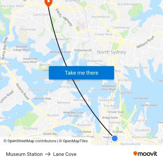 Museum Station to Lane Cove map