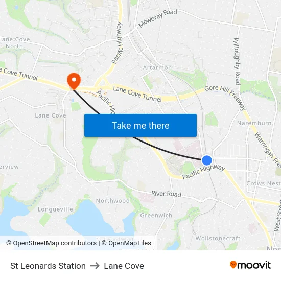 St Leonards Station to Lane Cove map