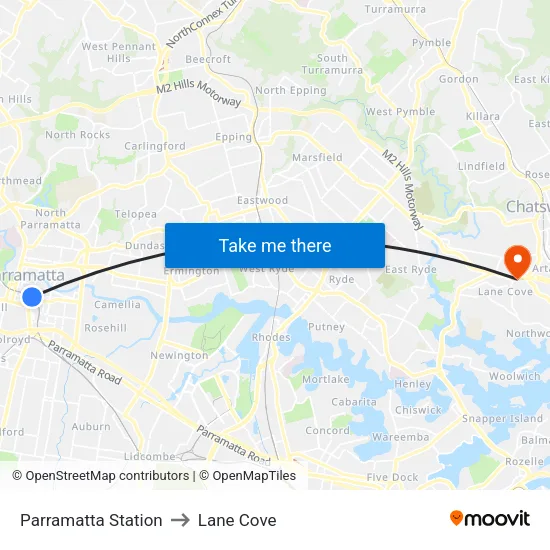 Parramatta Station to Lane Cove map