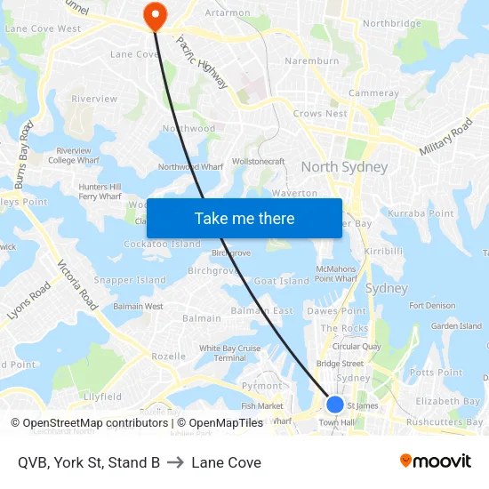 QVB, York St, Stand B to Lane Cove map