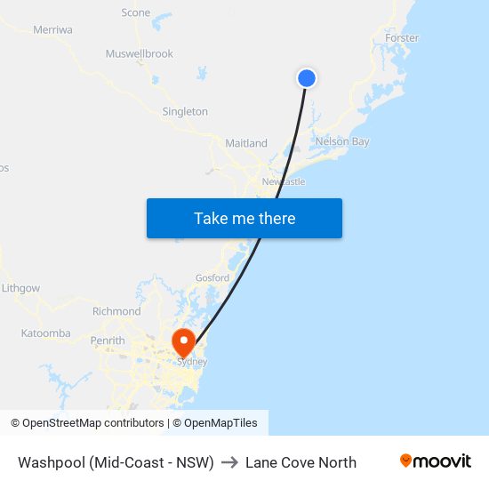 Washpool (Mid-Coast - NSW) to Lane Cove North map