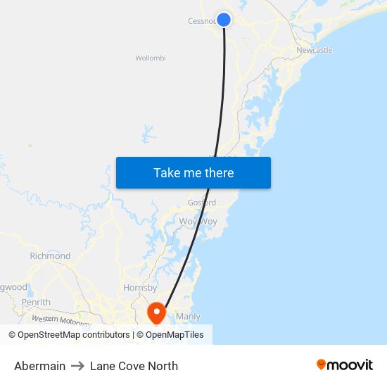 Abermain to Lane Cove North map