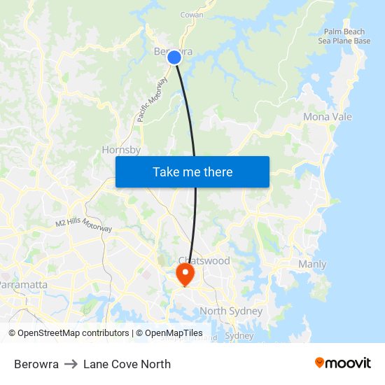 Berowra to Lane Cove North map