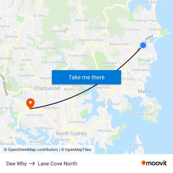 Dee Why to Lane Cove North map