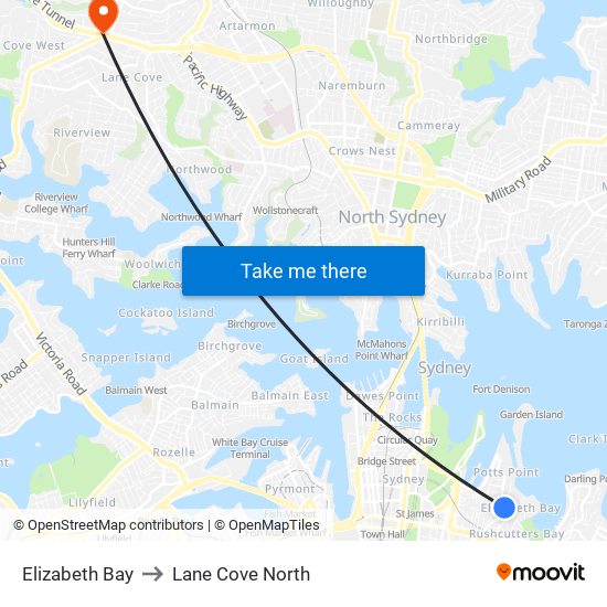 Elizabeth Bay to Lane Cove North map