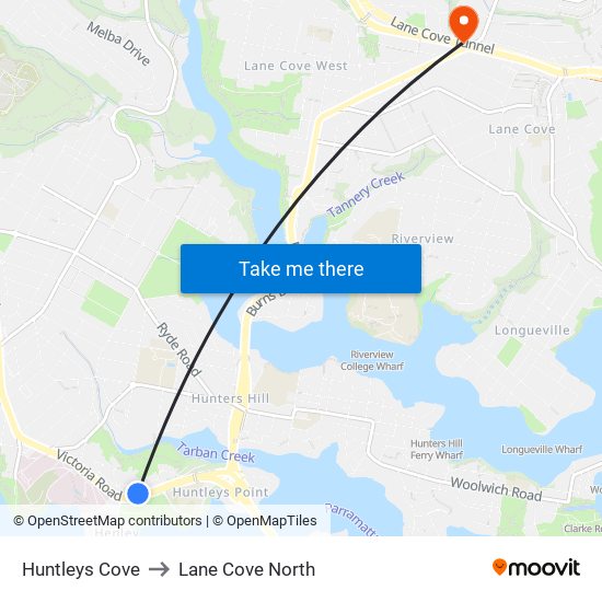 Huntleys Cove to Lane Cove North map