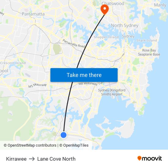 Kirrawee to Lane Cove North map