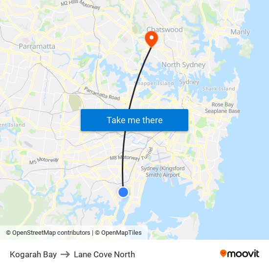 Kogarah Bay to Lane Cove North map