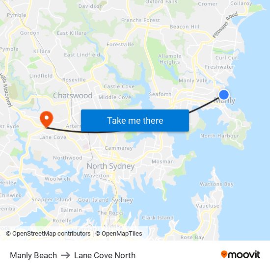 Manly Beach to Lane Cove North map