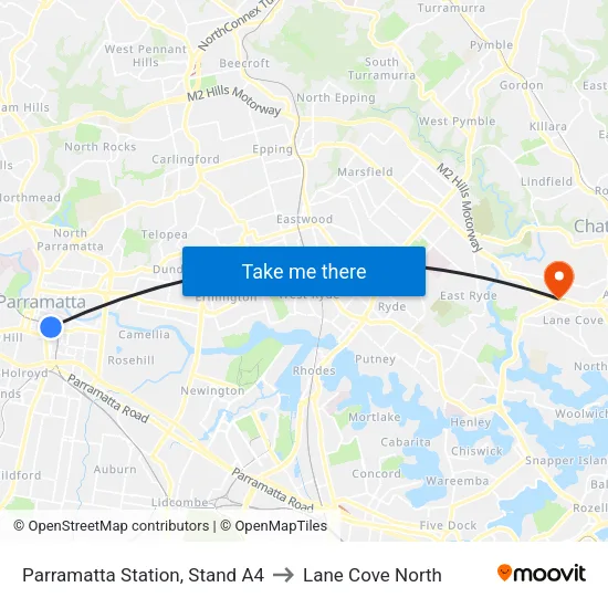 Parramatta Station, Stand A4 to Lane Cove North map