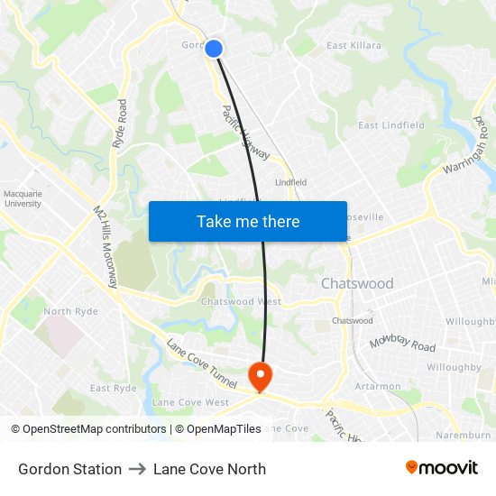 Gordon Station to Lane Cove North map