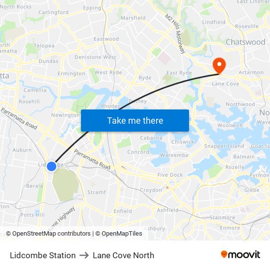 Lidcombe Station to Lane Cove North map