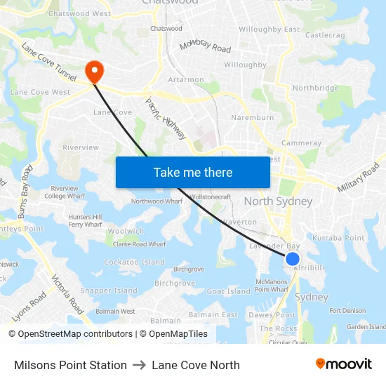 Milsons Point Station to Lane Cove North map