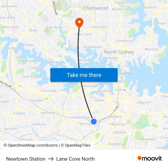 Newtown Station to Lane Cove North map
