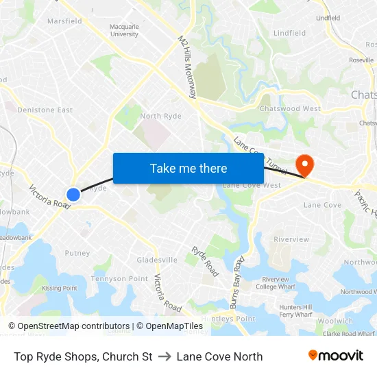 Top Ryde Shops, Church St to Lane Cove North map