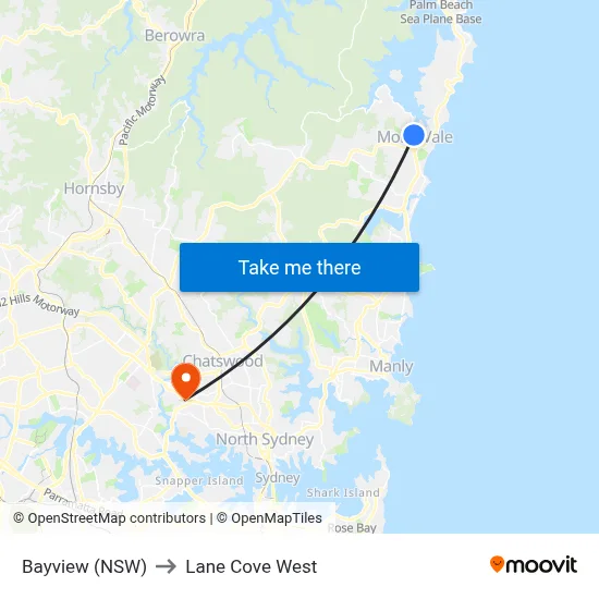 Bayview (NSW) to Lane Cove West map