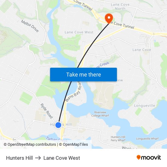 Hunters Hill to Lane Cove West map