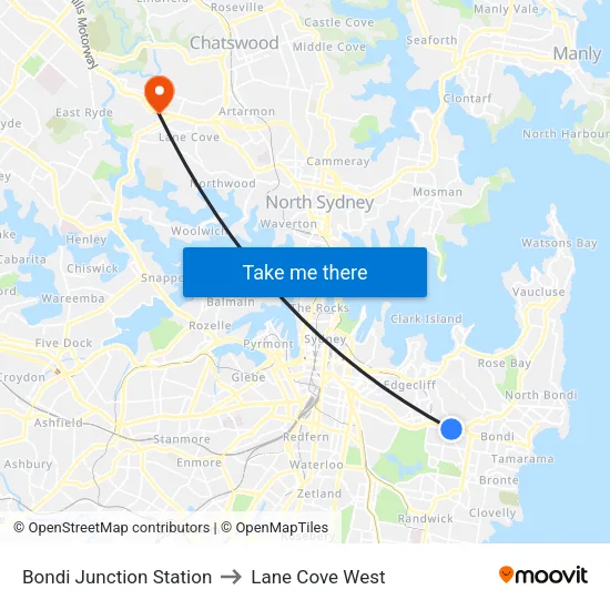 Bondi Junction Station to Lane Cove West map
