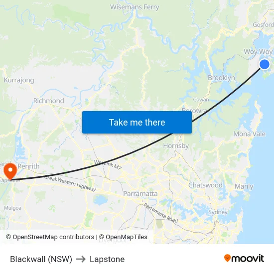 Blackwall (NSW) to Lapstone map