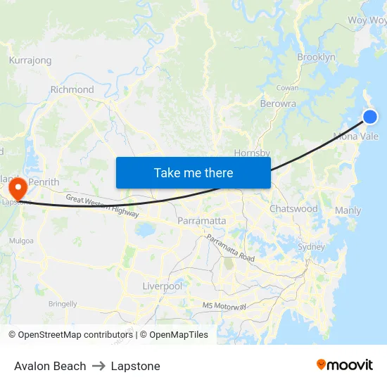 Avalon Beach to Lapstone map