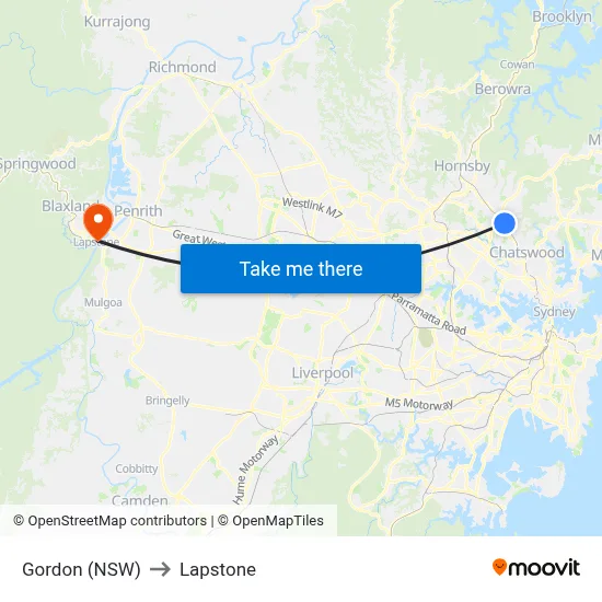 Gordon (NSW) to Lapstone map