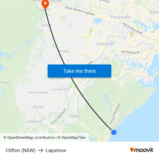 Clifton (NSW) to Lapstone map