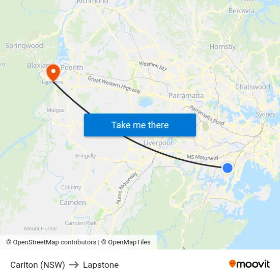 Carlton (NSW) to Lapstone map