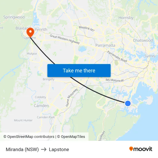 Miranda (NSW) to Lapstone map