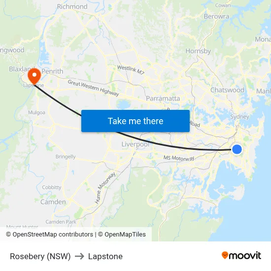 Rosebery (NSW) to Lapstone map
